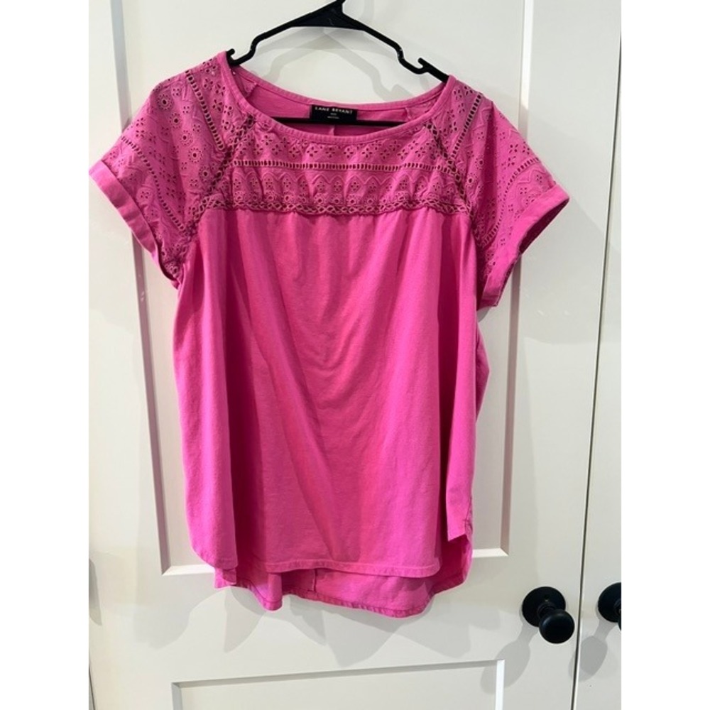 Lane Bryant Fuchsia Pink Eyelet Lace Short Sleeve Top 18/20 Boho Blouse